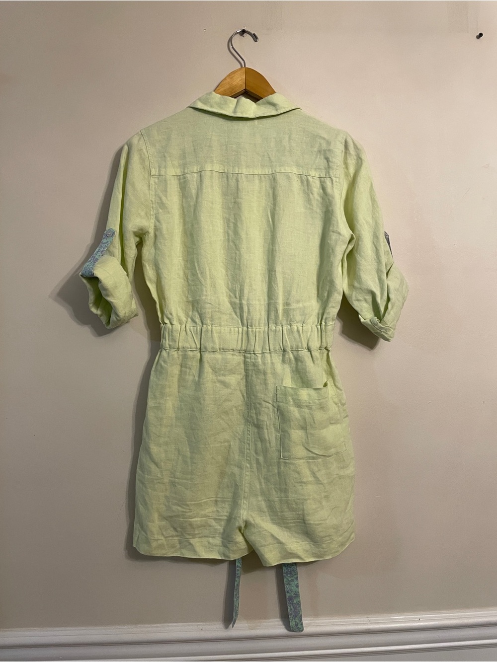 Roller Rabbit 100% Linen Green Utility Romper Size XS Long Sleeve Belted - Picture 3 of 10